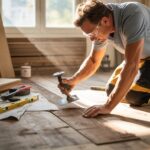 Guide cover image depicting the process of fixing a bowed floor, including visual of warped floorboards and repair techniques