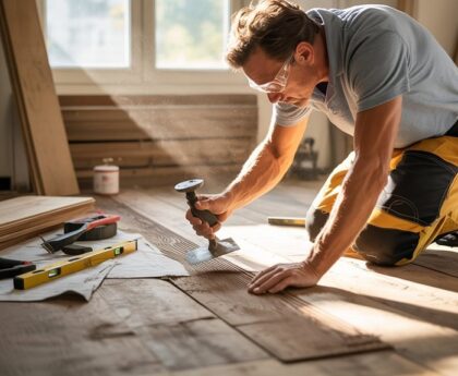 Guide cover image depicting the process of fixing a bowed floor, including visual of warped floorboards and repair techniques
