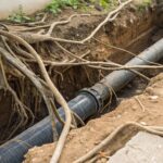 Tree roots invading a sewer line with guidance on causes, repair solutions, and prevention tips for homeowners to protect plumbing systems.