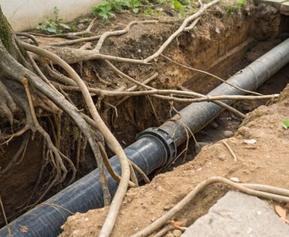 Tree roots invading a sewer line with guidance on causes, repair solutions, and prevention tips for homeowners to protect plumbing systems.