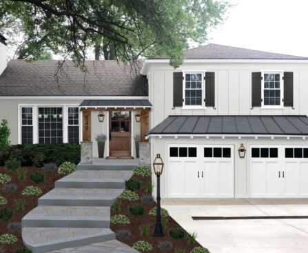 Modern UK home with a newly installed classic carriage-style garage door, blending traditional charm with contemporary design