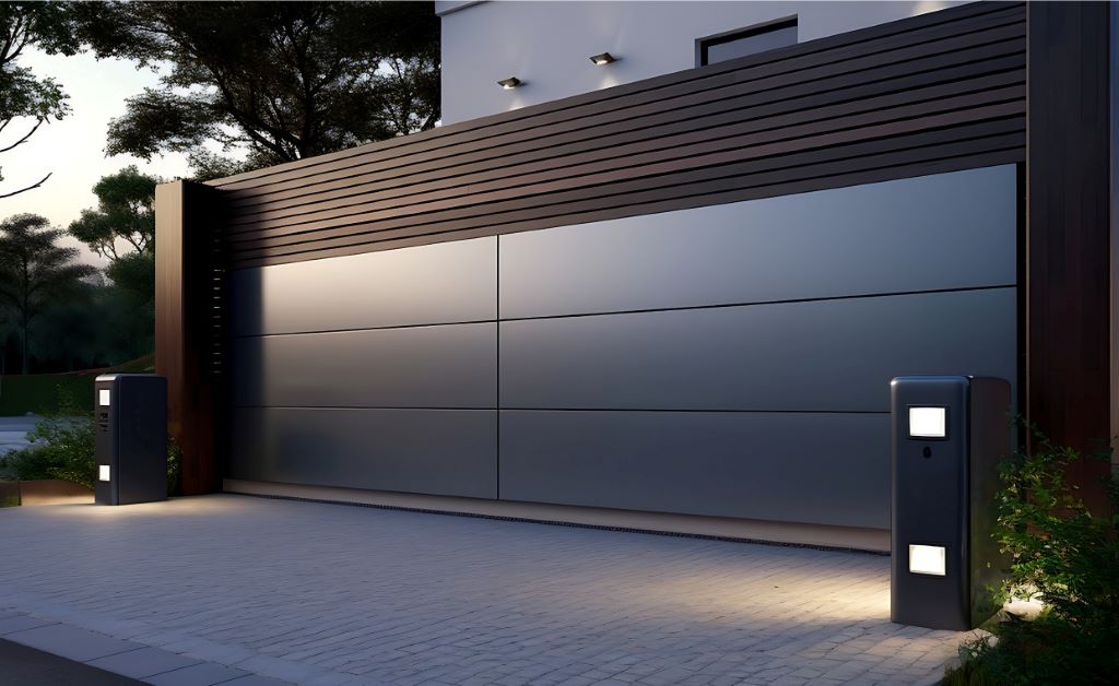 Modern smart garage door in a UK home, showcasing high-tech home automation features