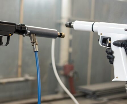 Modern professional powder coating gun with sleek ergonomic design spraying an even coat on a metal surface, illustrating precision and efficiency improvements over older models