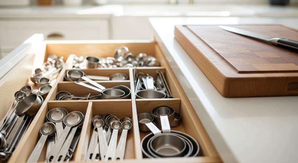 Organized drawer overflowing with magnetic measuring spoons and cups, wooden cutting board nearby for easy prep.