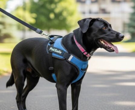 Black dog wearing PetSafe Easy Walk no-pull harness on calm leash walk