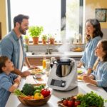 Vibrant family kitchen scene with multi-cooker steaming dinner on counter, parents and kids chatting happily.