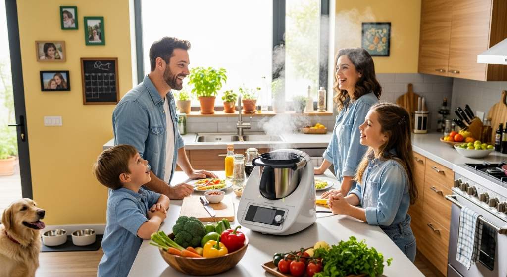 Vibrant family kitchen scene with multi-cooker steaming dinner on counter, parents and kids chatting happily.