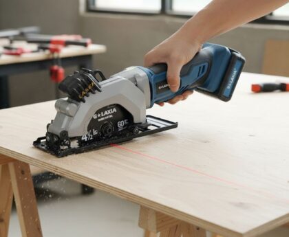 G LAXIA mini circular saw cutting plywood with laser guide visible