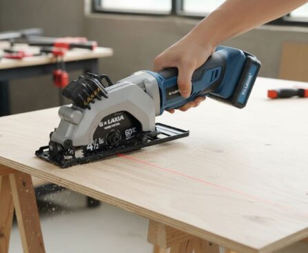 G LAXIA mini circular saw cutting plywood with laser guide visible