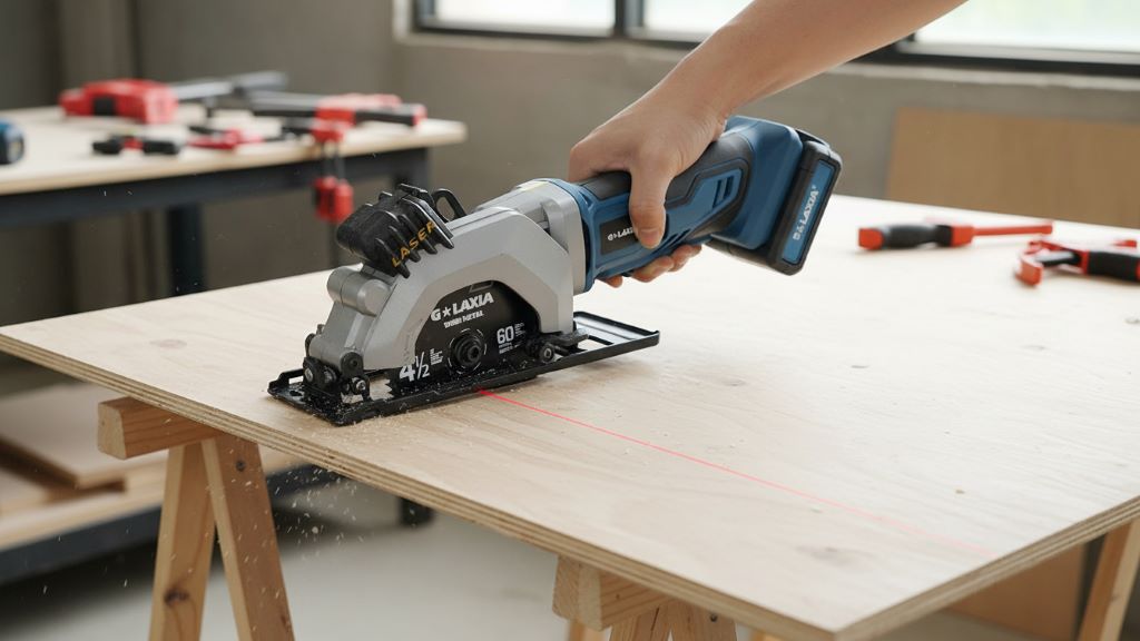 G LAXIA mini circular saw cutting plywood with laser guide visible