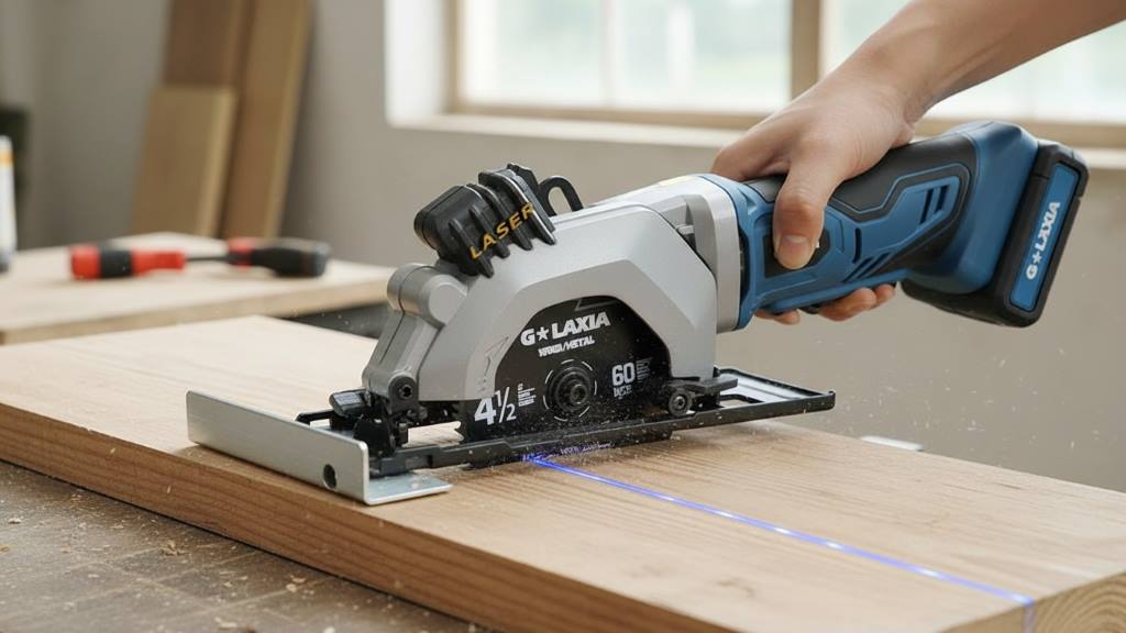 Rip guide attached for straight parallel cuts on a wood board