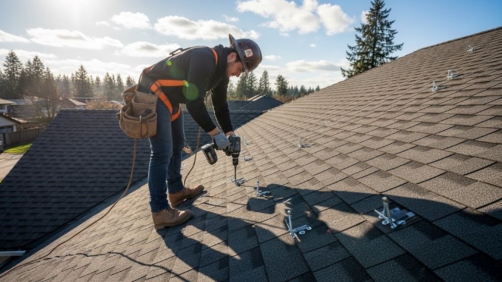 Professional roofer installing corrosion-resistant fasteners using torque-controlled drill on residential roof