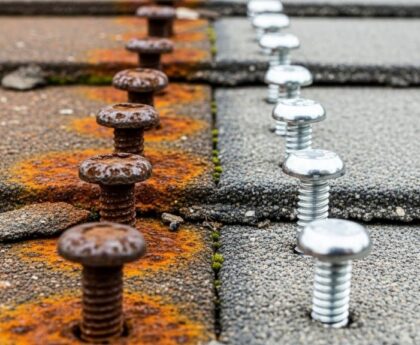 Corroded roofing fasteners showing rust damage compared to new stainless steel fasteners on roof deck
