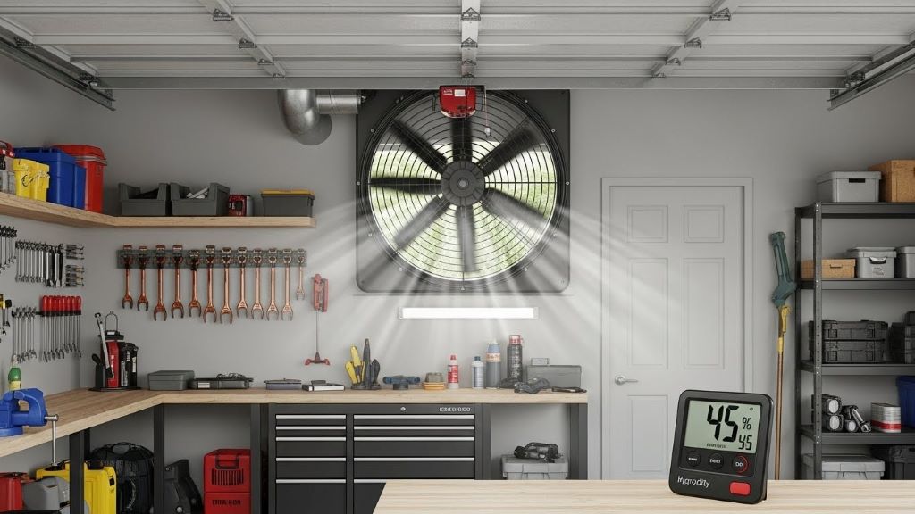Garage ventilation fan improving airflow to reduce humidity levels