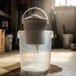 Homemade bucket dehumidifier with calcium chloride absorbing moisture in garage