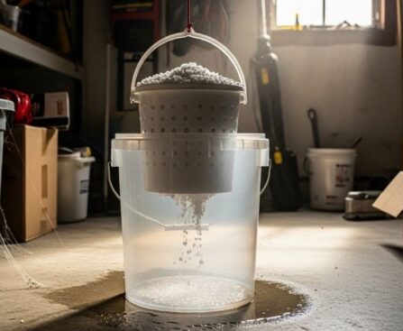 Homemade bucket dehumidifier with calcium chloride absorbing moisture in garage