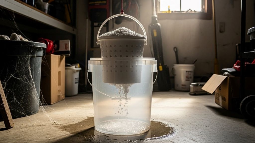 Homemade bucket dehumidifier with calcium chloride absorbing moisture in garage