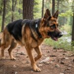 Large German Shepherd wearing a reflective nylon dog collar on a trail hike