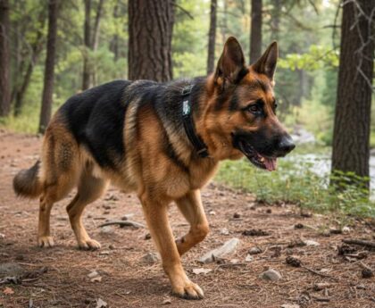 Large German Shepherd wearing a reflective nylon dog collar on a trail hike