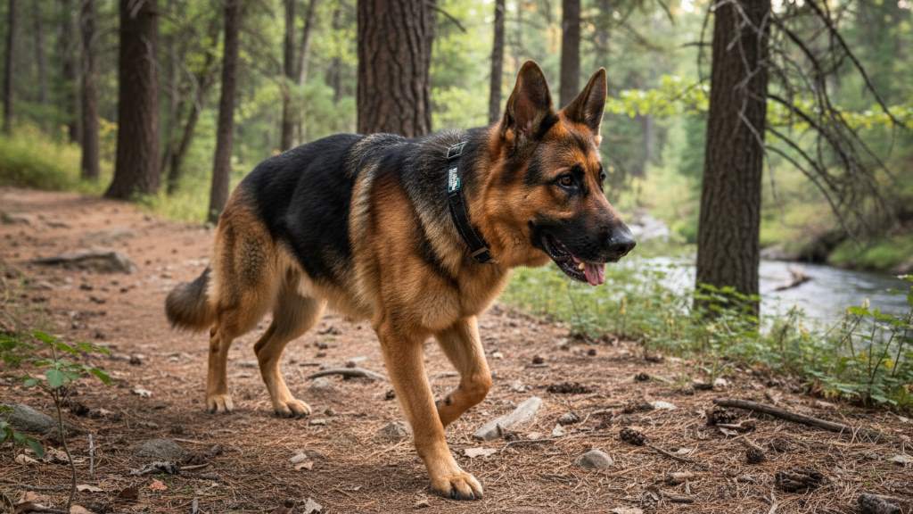 Large German Shepherd wearing a reflective nylon dog collar on a trail hike