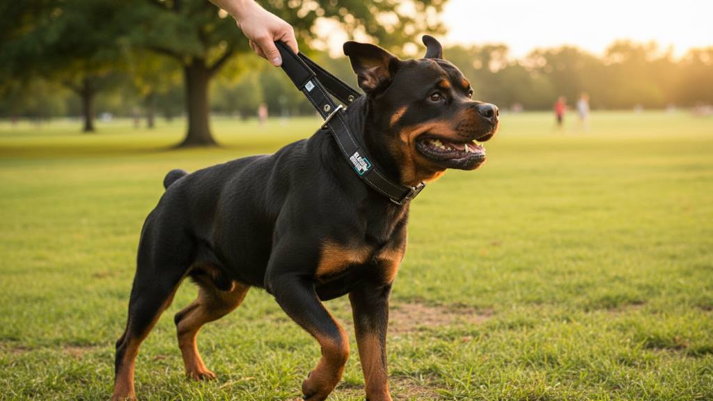 Rottweiler playing in park with durable nylon collar and control handle visible