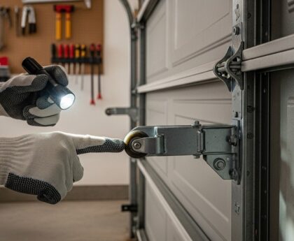 Garage door roller inspection showing worn bearing