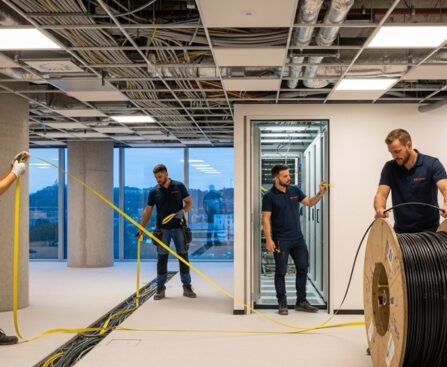 Fiber optic cable being pulled through conduit using low stretch pull tape