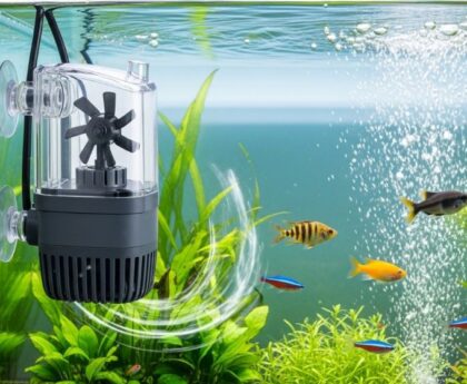 Submersible aquarium pump installed inside fish tank with impeller visible through clear housing for water circulation