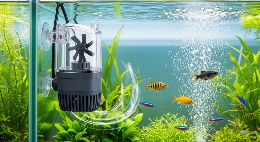 Submersible aquarium pump installed inside fish tank with impeller visible through clear housing for water circulation