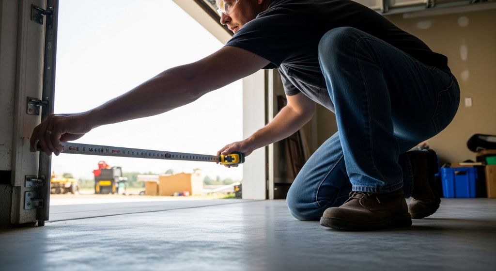 Person measuring garage door opening width with tape measure to compare single versus double door dimensions