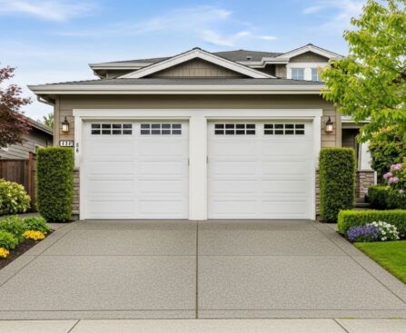 White double garage door measuring 16 feet wide on residential home with two-car driveway and landscaping