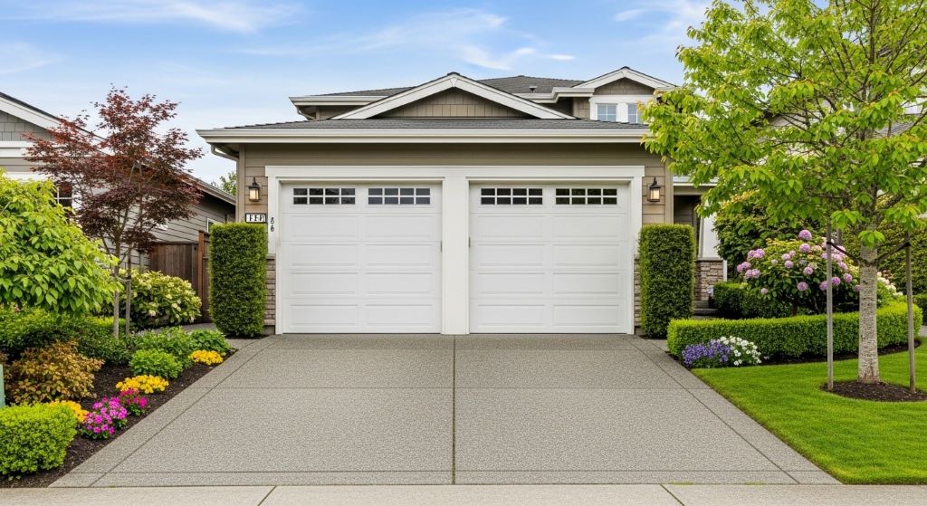 White double garage door measuring 16 feet wide on residential home with two-car driveway and landscaping