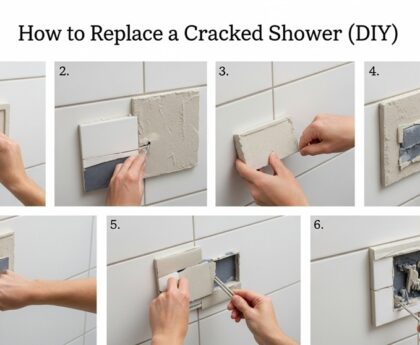 DIY process showing how to replace cracked shower tile step by step