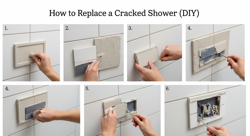 DIY process showing how to replace cracked shower tile step by step