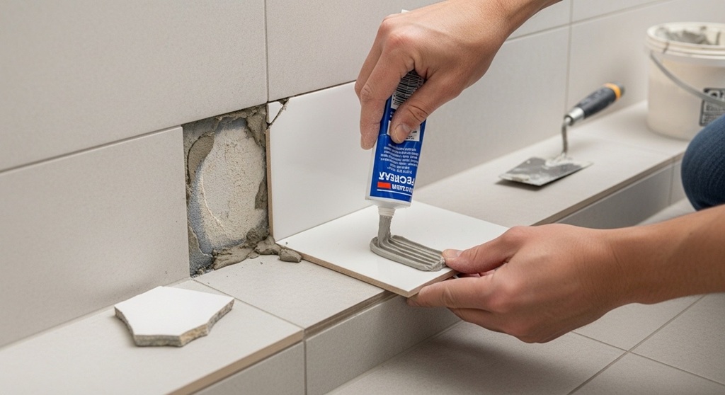 Removing damaged shower tile using chisel and hammer