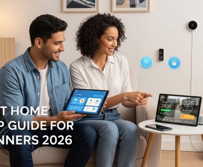beginner smart home setup devices on table including speaker bulbs plugs camera
