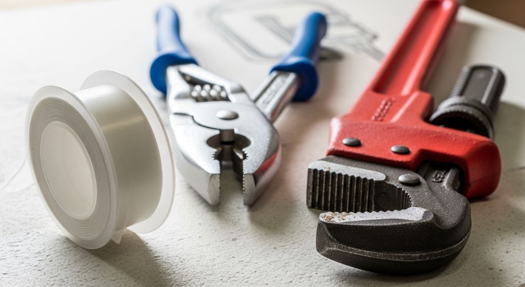 Close-up of easy tools for home plumbing repair including Teflon tape, adjustable pliers, and a pipe wrench