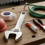 A beginner's starter tool kit plumbing set laid out on a wooden workbench including a wrench, plunger, and drain snake