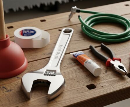 A beginner's starter tool kit plumbing set laid out on a wooden workbench including a wrench, plunger, and drain snake