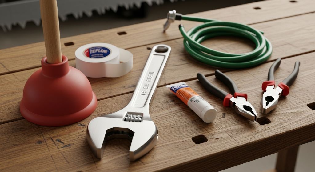 A beginner's starter tool kit plumbing set laid out on a wooden workbench including a wrench, plunger, and drain snake