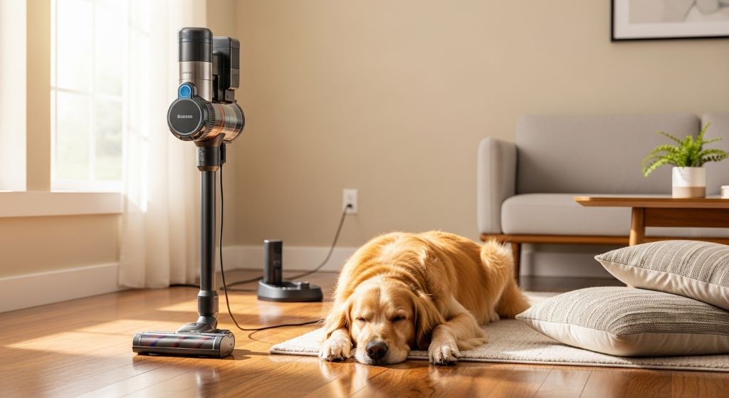 A modern cordless vacuum cleaner on a hardwood floor beside a sleeping golden retriever in a bright living room