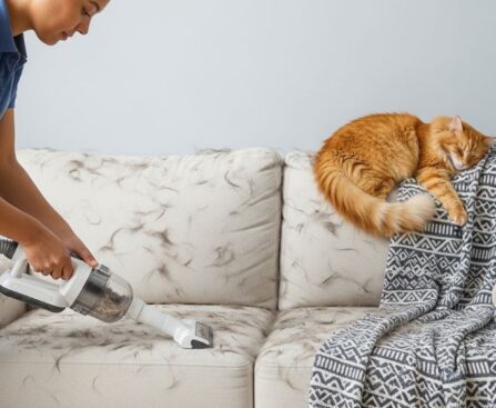 A person vacuuming a light-colored sofa covered in cat hair using a handheld pet vacuum attachment