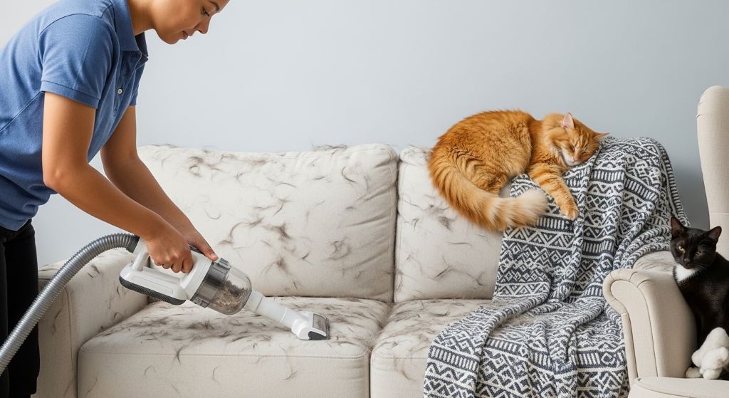 A person vacuuming a light-colored sofa covered in cat hair using a handheld pet vacuum attachment