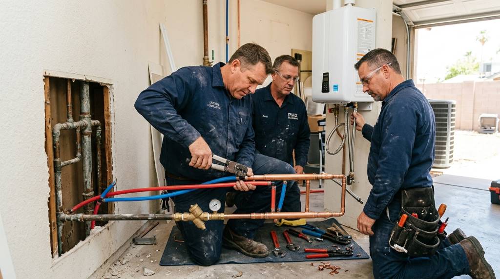 Contractor replacing old galvanized plumbing pipes in a Phoenix Arizona home renovation project