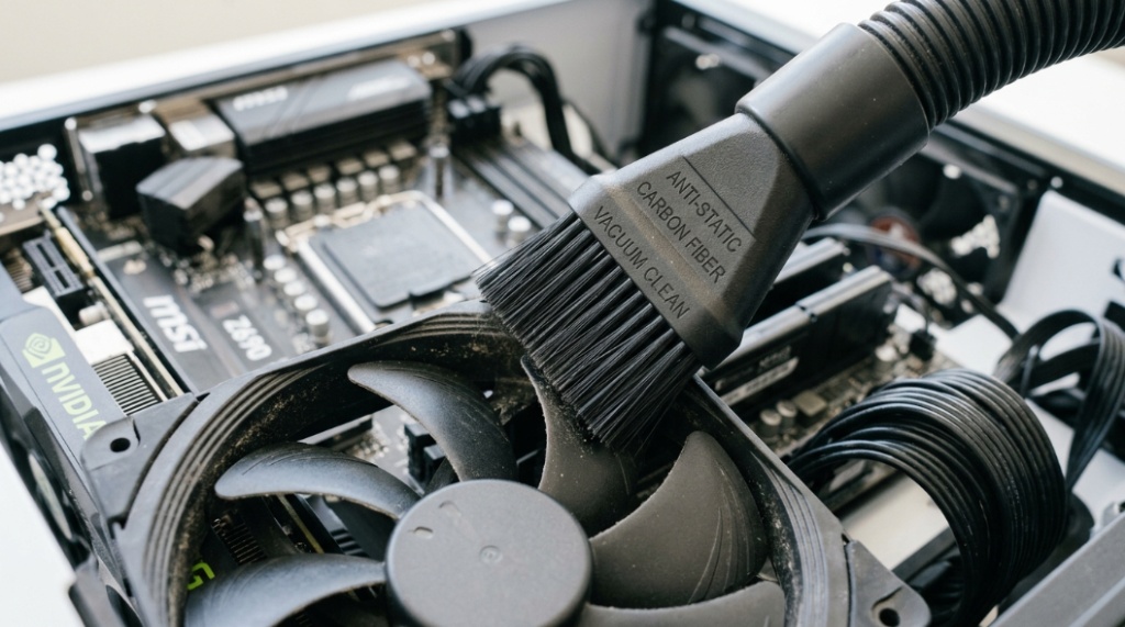Anti-static vacuum brush cleaning computer fan to prevent ESD.