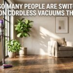 A Dyson cordless vacuum in a modern living room with text overlay about switching to Dyson.