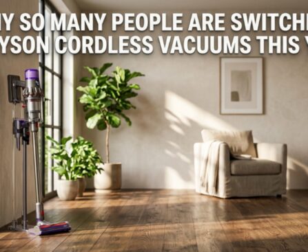 A Dyson cordless vacuum in a modern living room with text overlay about switching to Dyson.