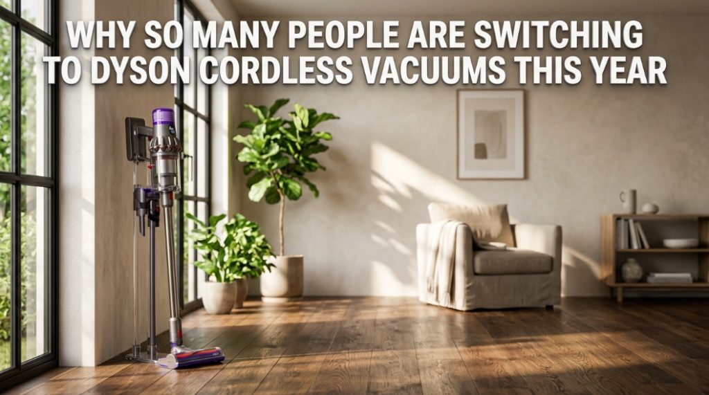 A Dyson cordless vacuum in a modern living room with text overlay about switching to Dyson.