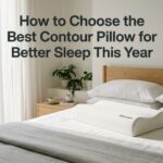 Premium orthopedic contour pillow on a sunlit bed with text overlay.