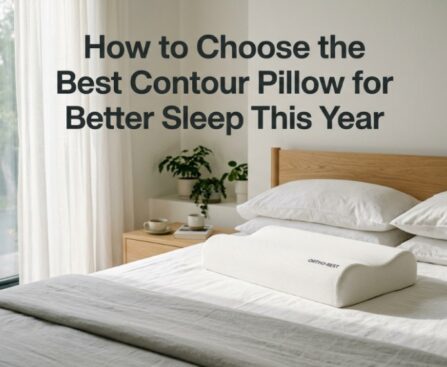 Premium orthopedic contour pillow on a sunlit bed with text overlay.